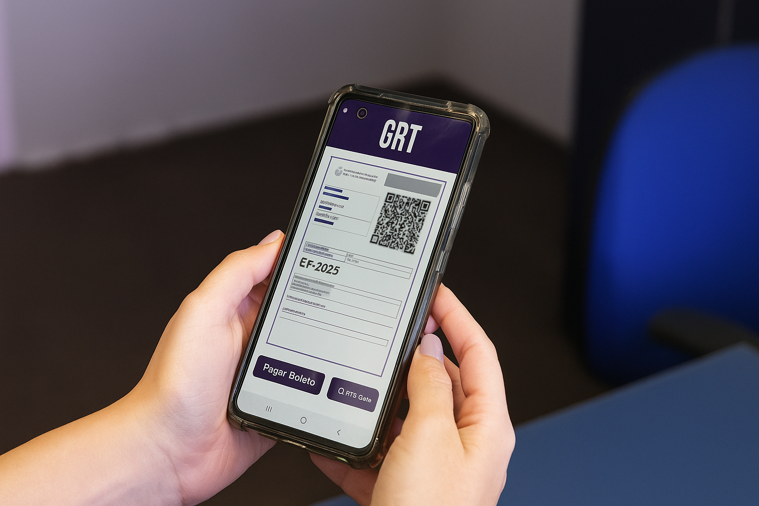 Pessoa segurando um celular com a GRT (Guia de Recolhimento de Taxa) aberta na tela, pronta para pagamento do licenciamento veicular.